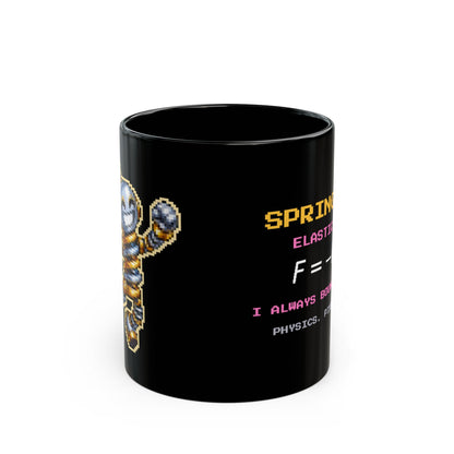 Springald – Hooke’s Law pixel-art physics mug, black ceramic, view 1