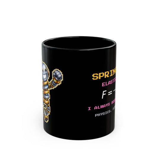 Springald – Hooke’s Law pixel-art physics mug, black ceramic, view 1