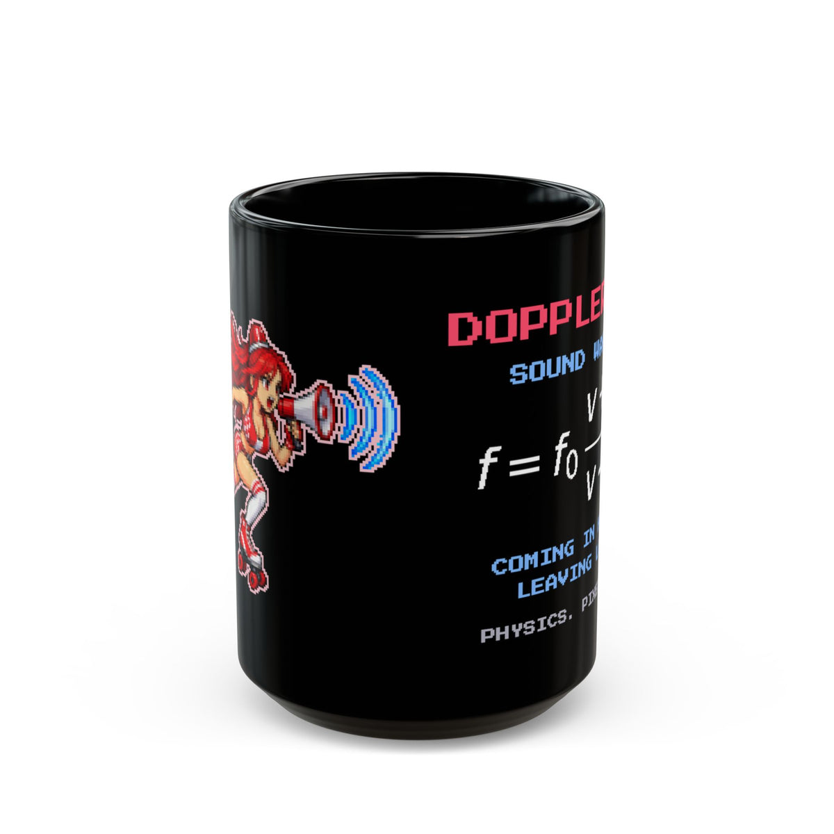 Dopplerine – Doppler Effect pixel-art physics mug, black ceramic, view 2