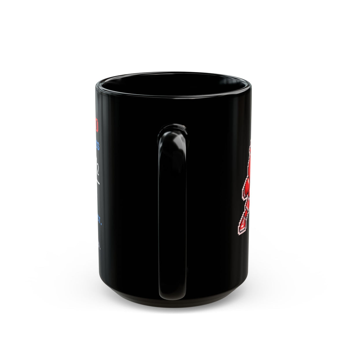 Coulombo – Coulomb’s Law pixel-art physics mug, black ceramic, view 8