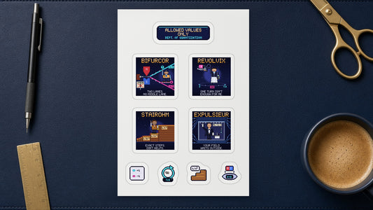 Allowed Values Only white A5 sticker sheet of navy pixel-art stickers on a desk