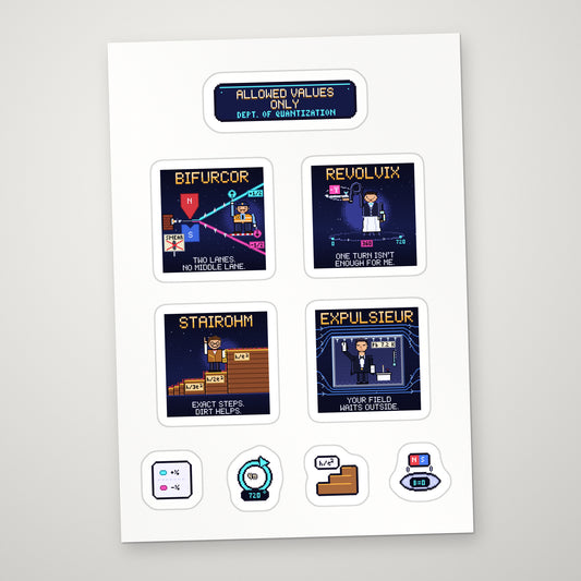 Allowed Values Only white A5 sticker sheet with navy pixel-art physics stickers