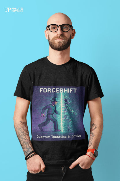 Black ForceShift physics T-shirt, pixel-art quantum tunneling design, worn by a man