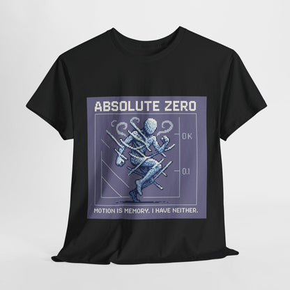 Black Absolute Zero physics T-shirt, pixel-art absolute zero, 0 kelvin design, front view