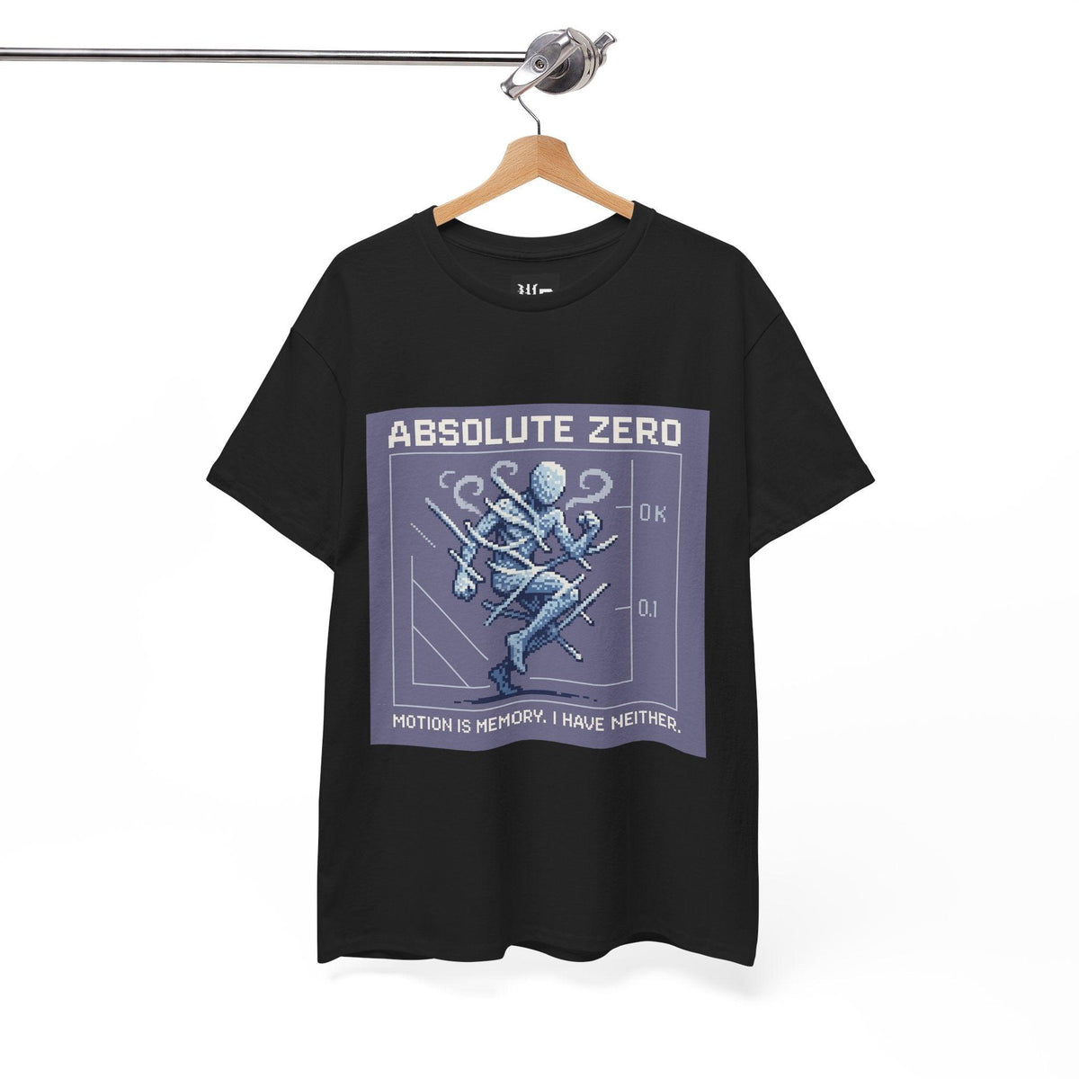 Black Absolute Zero physics T-shirt, pixel-art absolute zero, 0 kelvin design, on a hanger