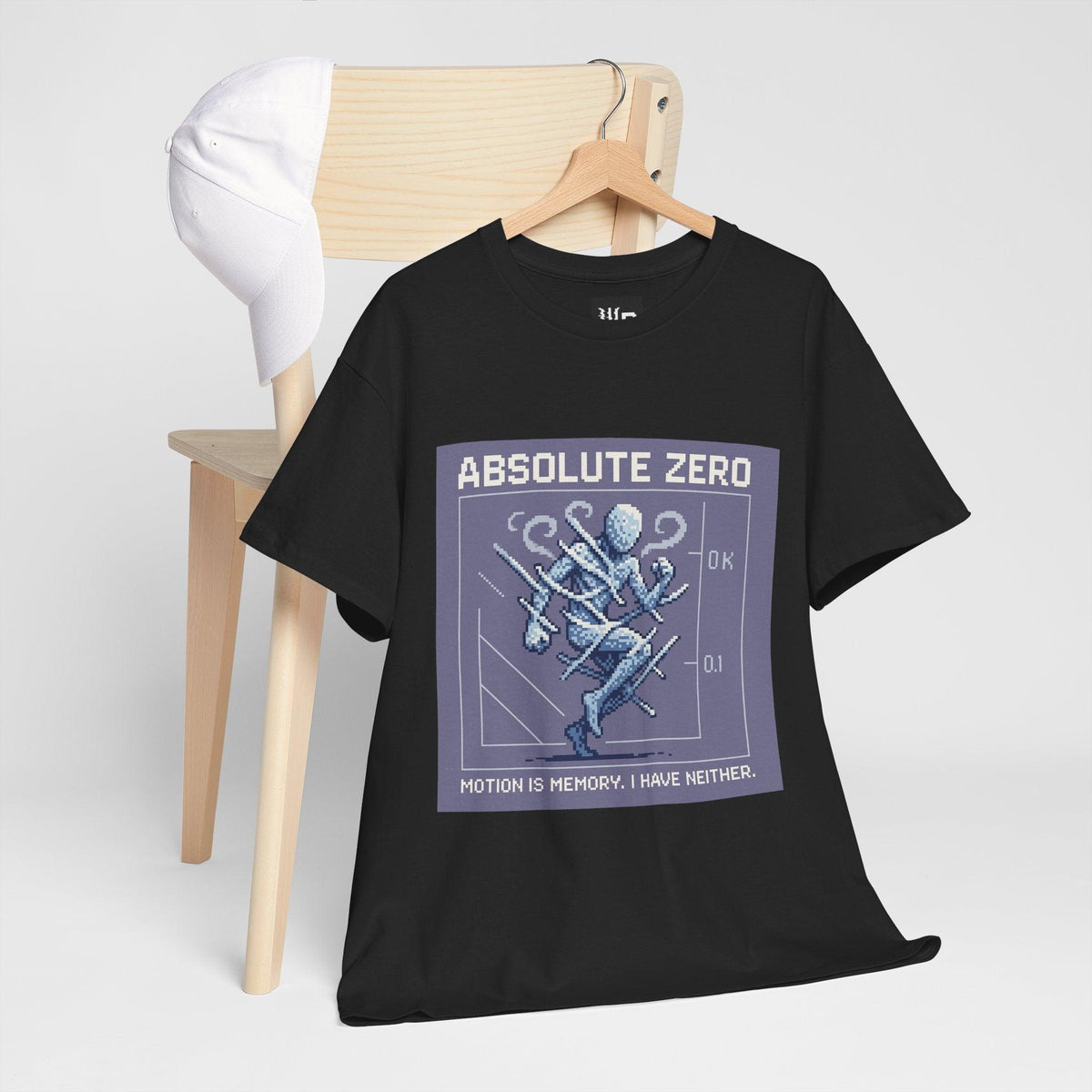 Black Absolute Zero physics T-shirt, pixel-art absolute zero, 0 kelvin design, hanging on a chair