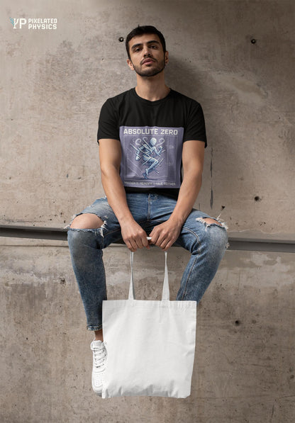 Black Absolute Zero physics T-shirt, pixel-art absolute zero, 0 kelvin design, worn by a man