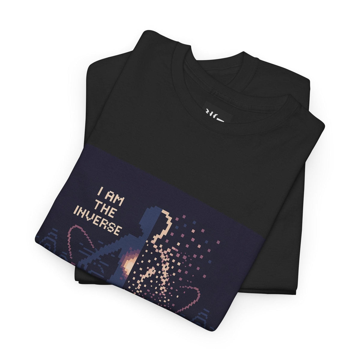 Black Anti-Matter Entity physics T-shirt, pixel-art matter–antimatter annihilation design, folded
