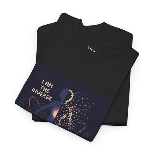 Black Anti-Matter Entity physics T-shirt, pixel-art matter–antimatter annihilation design, folded