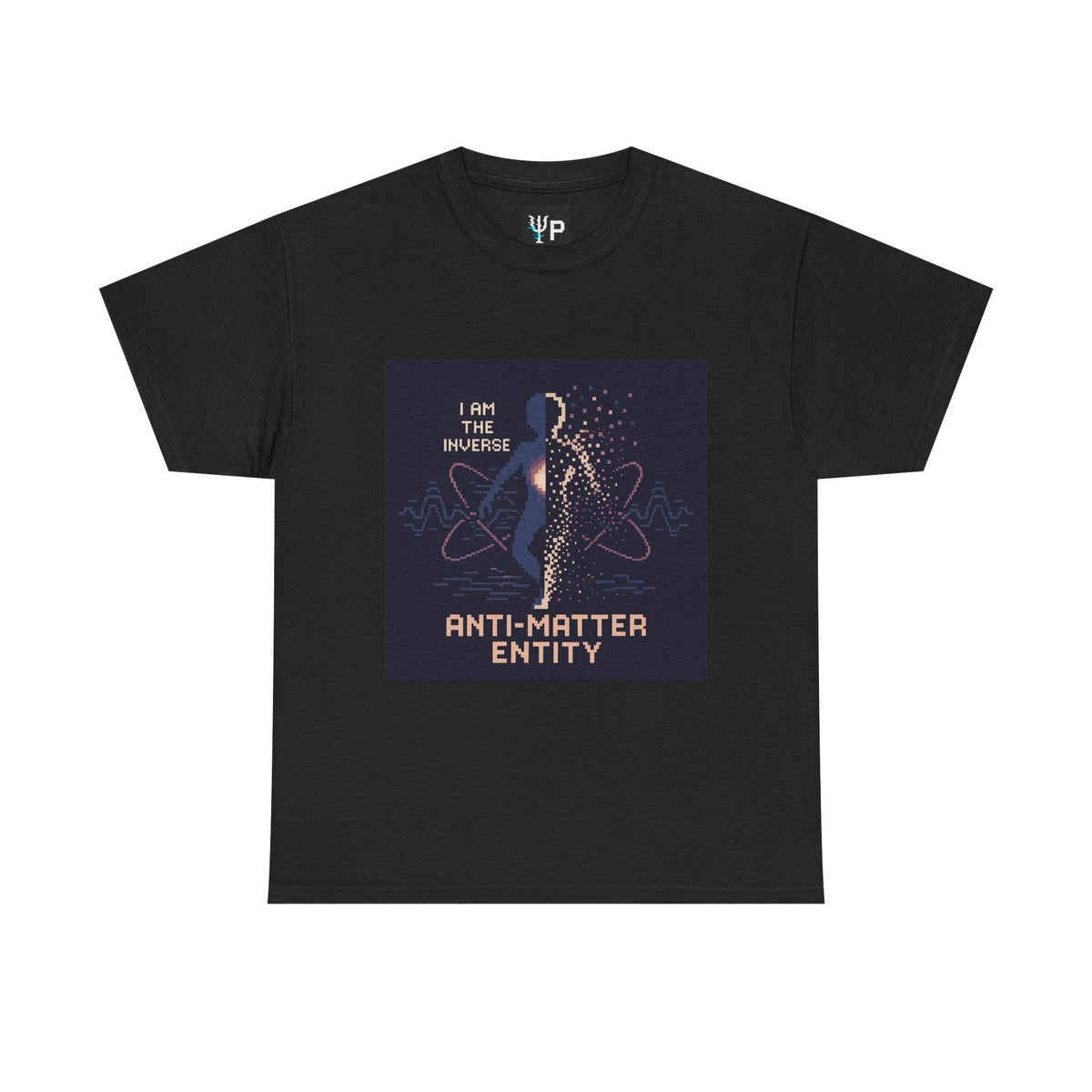 Black Anti-Matter Entity physics T-shirt, pixel-art matter–antimatter annihilation design, front view