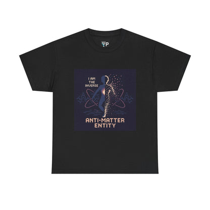 Black Anti-Matter Entity physics T-shirt, pixel-art matter–antimatter annihilation design, front view