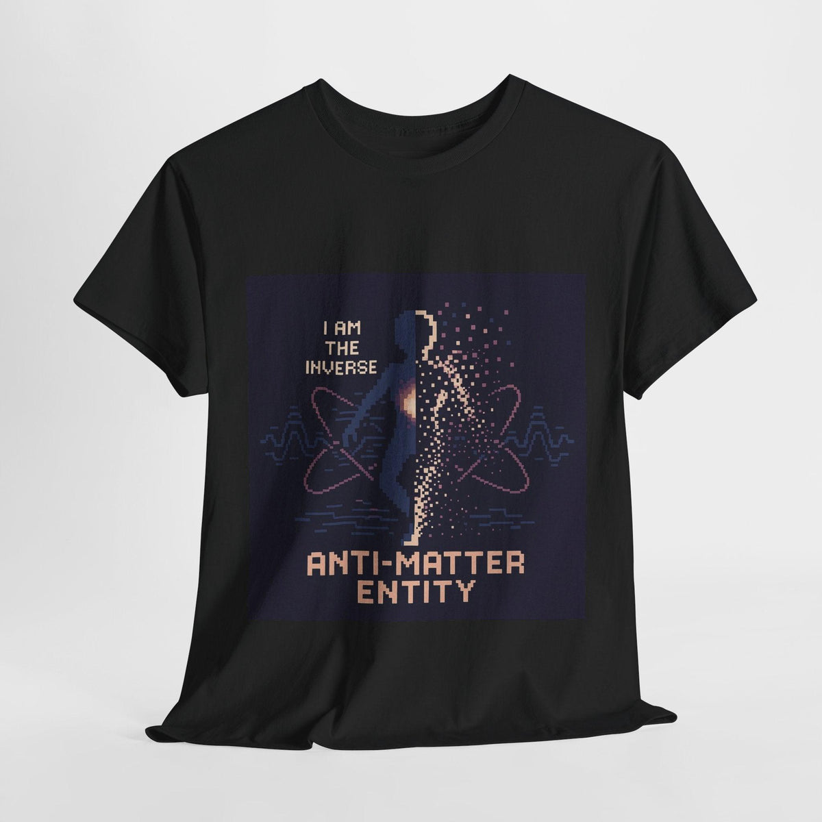 Black Anti-Matter Entity physics T-shirt, pixel-art matter–antimatter annihilation design, front view