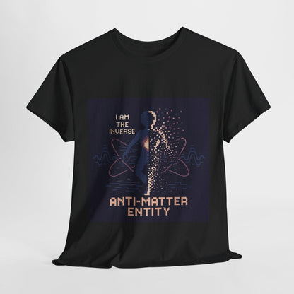 Black Anti-Matter Entity physics T-shirt, pixel-art matter–antimatter annihilation design, front view