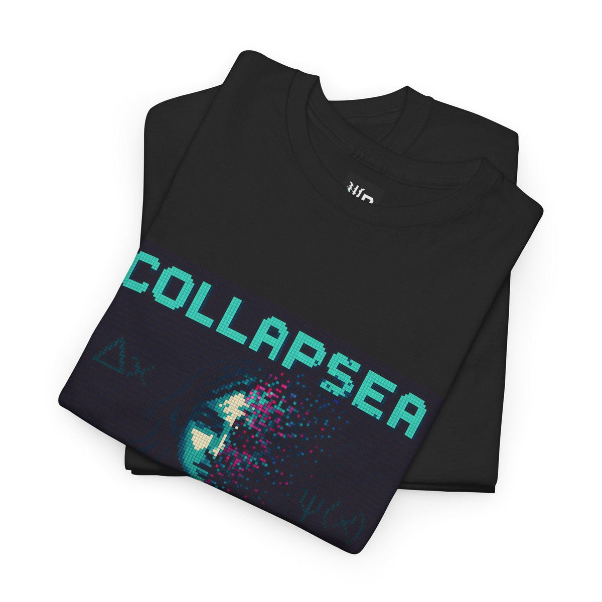 Black Collapsea physics T-shirt, pixel-art wave function collapse design, folded