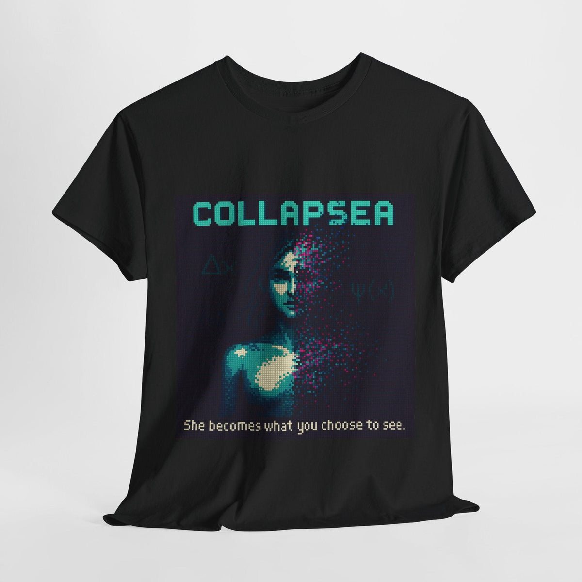 Black Collapsea physics T-shirt, pixel-art wave function collapse design, front view