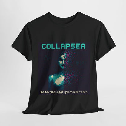 Black Collapsea physics T-shirt, pixel-art wave function collapse design, front view