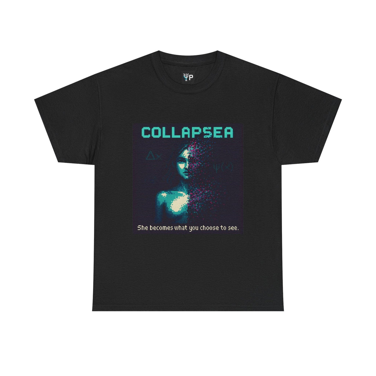 Black Collapsea physics T-shirt, pixel-art wave function collapse design, front view