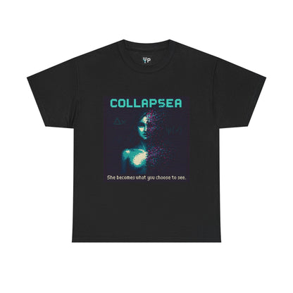 Black Collapsea physics T-shirt, pixel-art wave function collapse design, front view