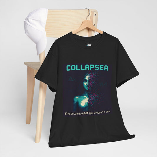 Black Collapsea physics T-shirt, pixel-art wave function collapse design, hanging on a chair