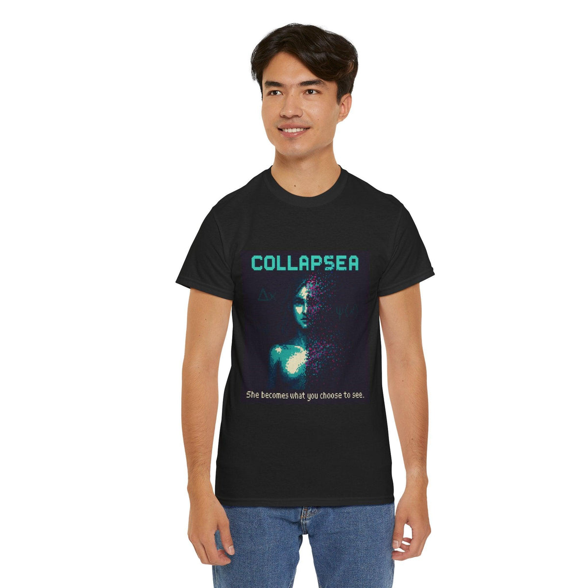 Black Collapsea physics T-shirt, pixel-art wave function collapse design, worn by a man