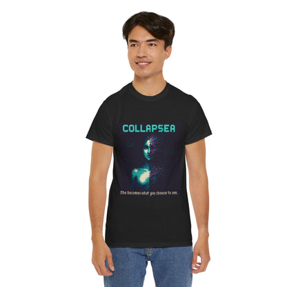 Black Collapsea physics T-shirt, pixel-art wave function collapse design, worn by a man