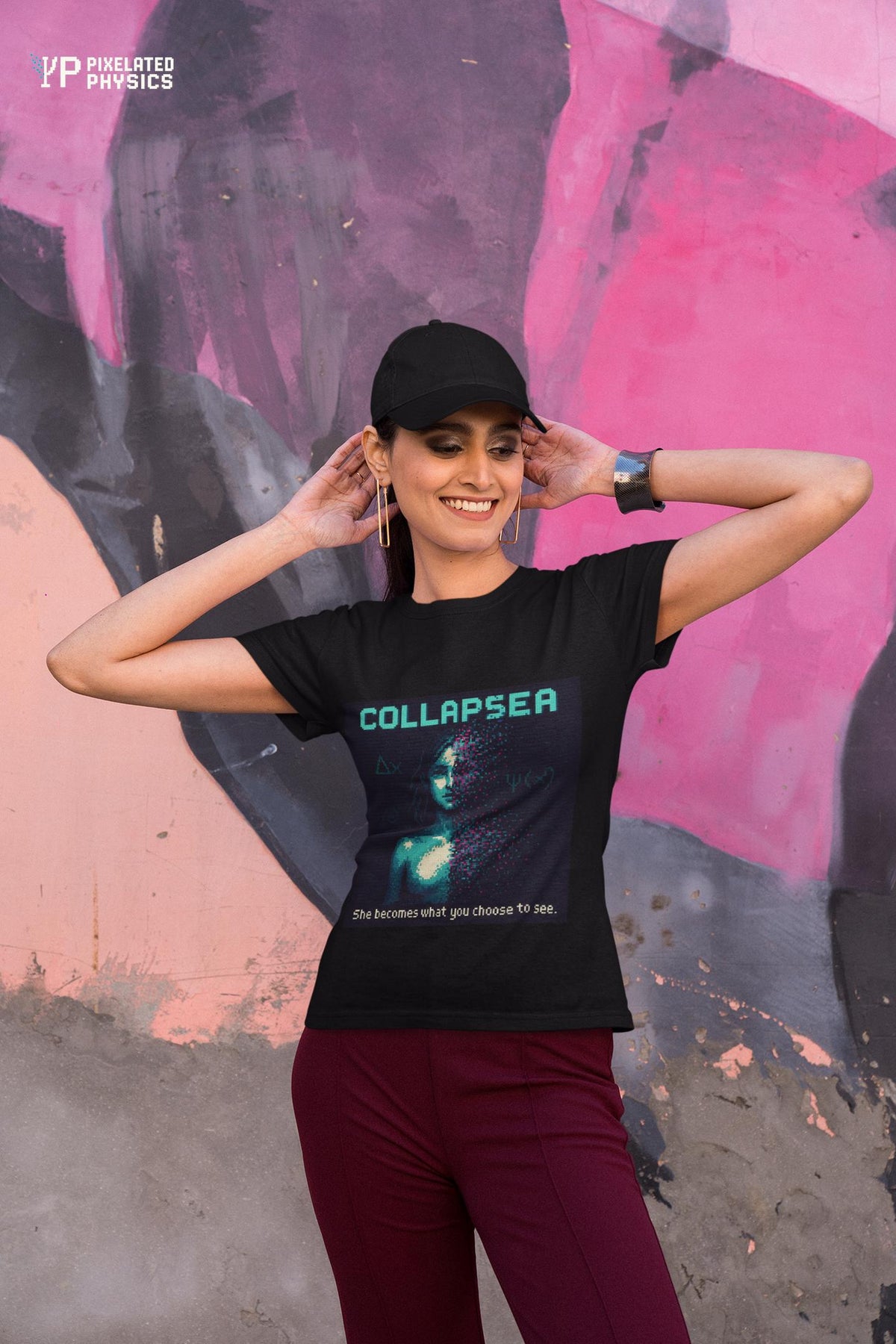 Black Collapsea physics T-shirt, pixel-art wave function collapse design, worn by a woman