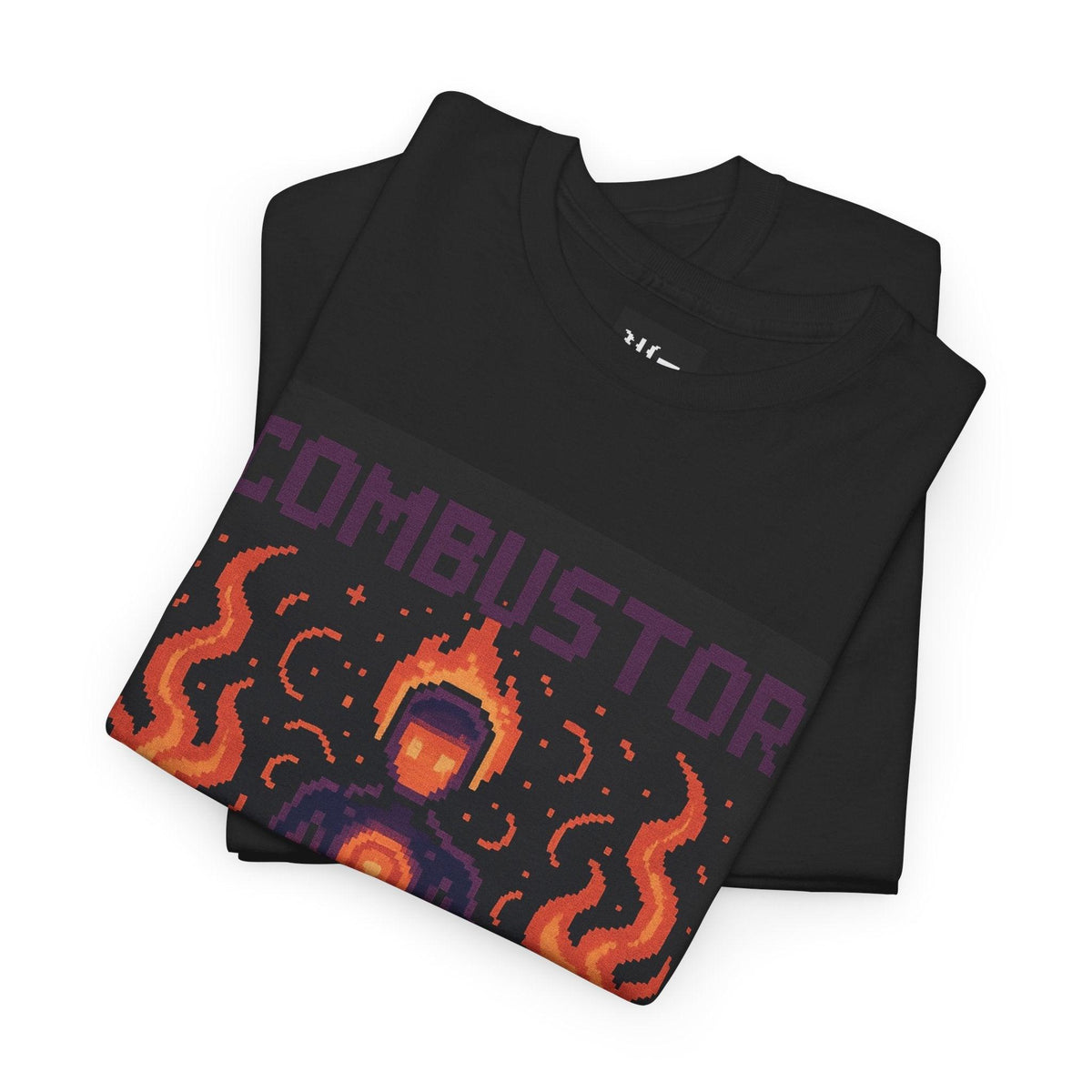 Black Combustor physics T-shirt, pixel-art combustion design, folded