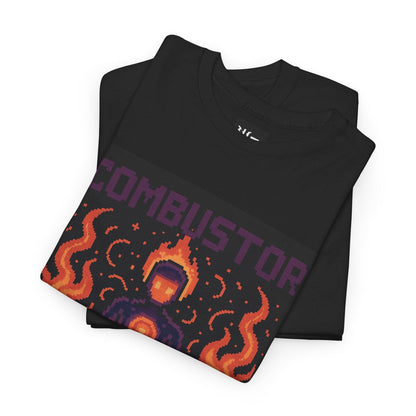 Black Combustor physics T-shirt, pixel-art combustion design, folded