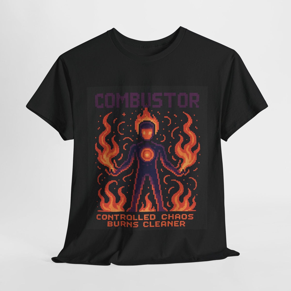 Black Combustor physics T-shirt, pixel-art combustion design, front view