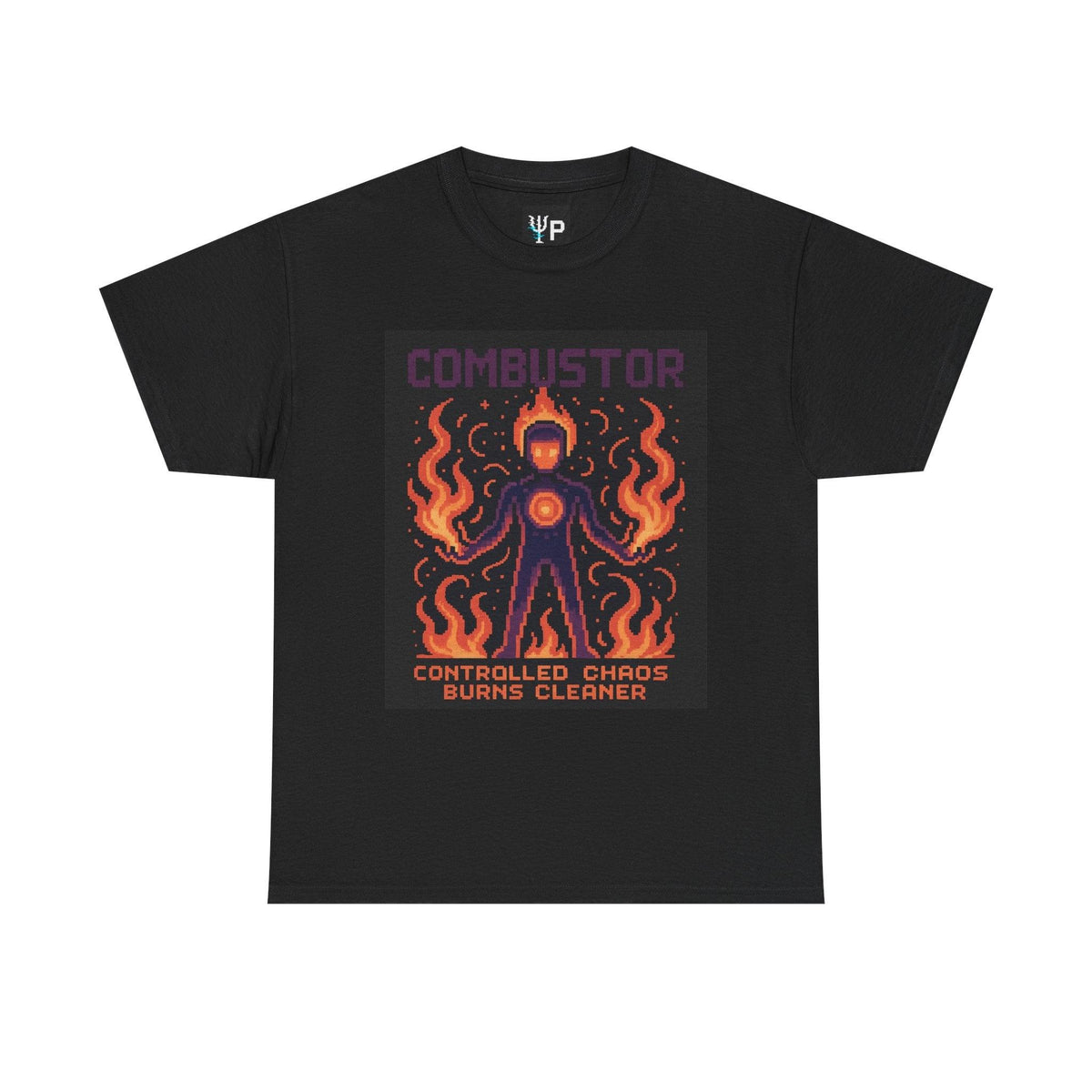 Black Combustor physics T-shirt, pixel-art combustion design, front view