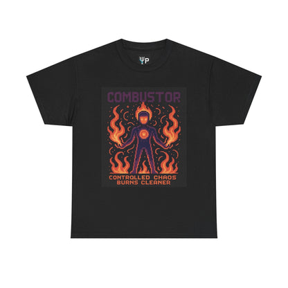 Black Combustor physics T-shirt, pixel-art combustion design, front view