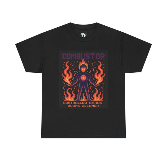 Black Combustor physics T-shirt, pixel-art combustion design, front view