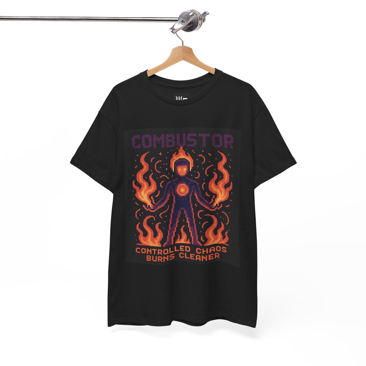 Black Combustor physics T-shirt, pixel-art combustion design, on a hanger
