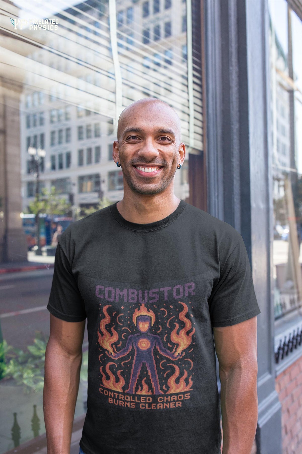Black Combustor physics T-shirt, pixel-art combustion design, worn by a man