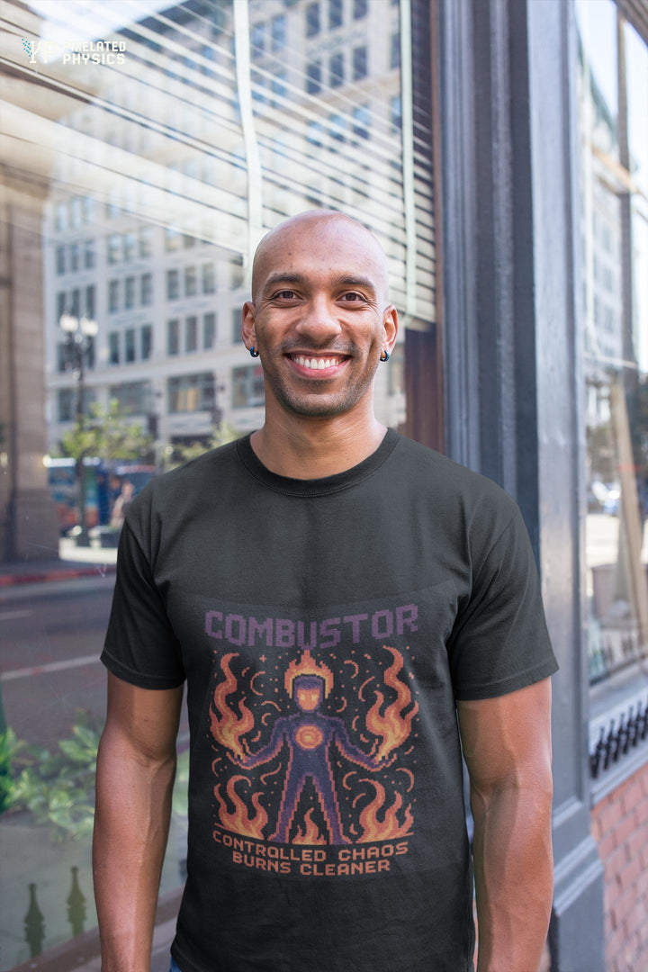 Black Combustor physics T-shirt, pixel-art combustion design, worn by a man