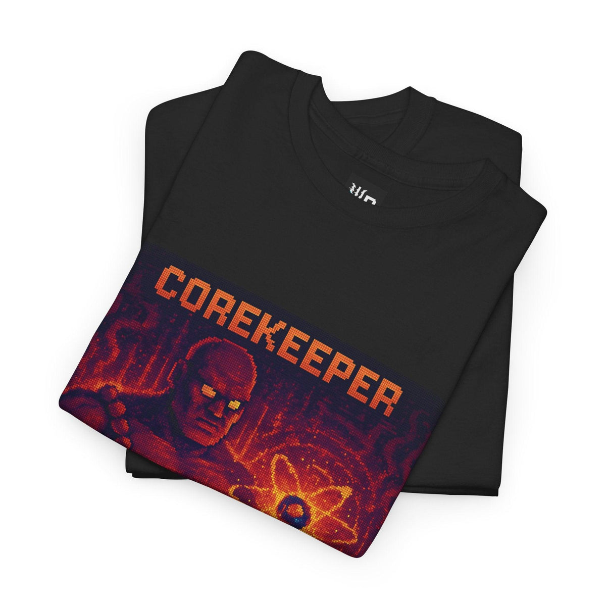 Black Corekeeper physics T-shirt, pixel-art strong nuclear force design, folded
