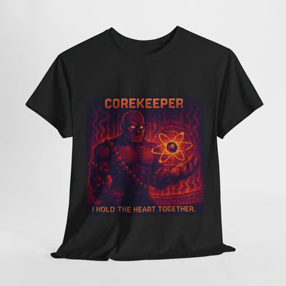 Black Corekeeper physics T-shirt, pixel-art strong nuclear force design, front view