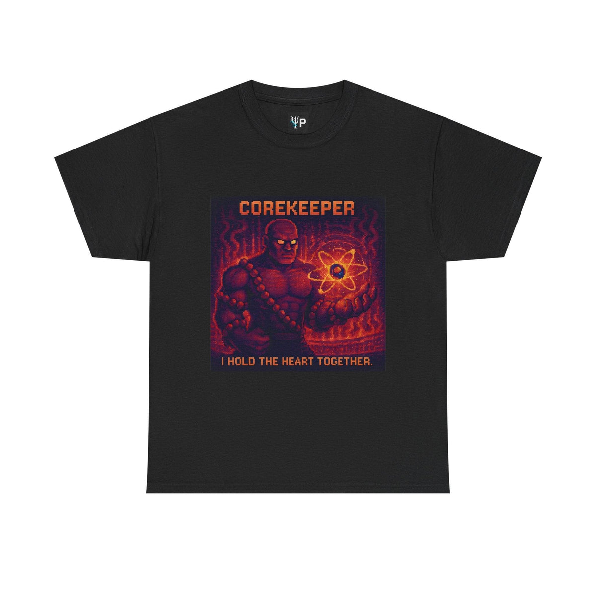 Black Corekeeper physics T-shirt, pixel-art strong nuclear force design, front view