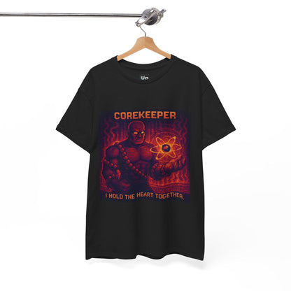 Black Corekeeper physics T-shirt, pixel-art strong nuclear force design, on a hanger