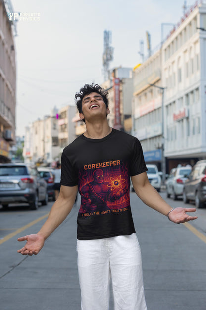 Black Corekeeper physics T-shirt, pixel-art strong nuclear force design, worn by a man