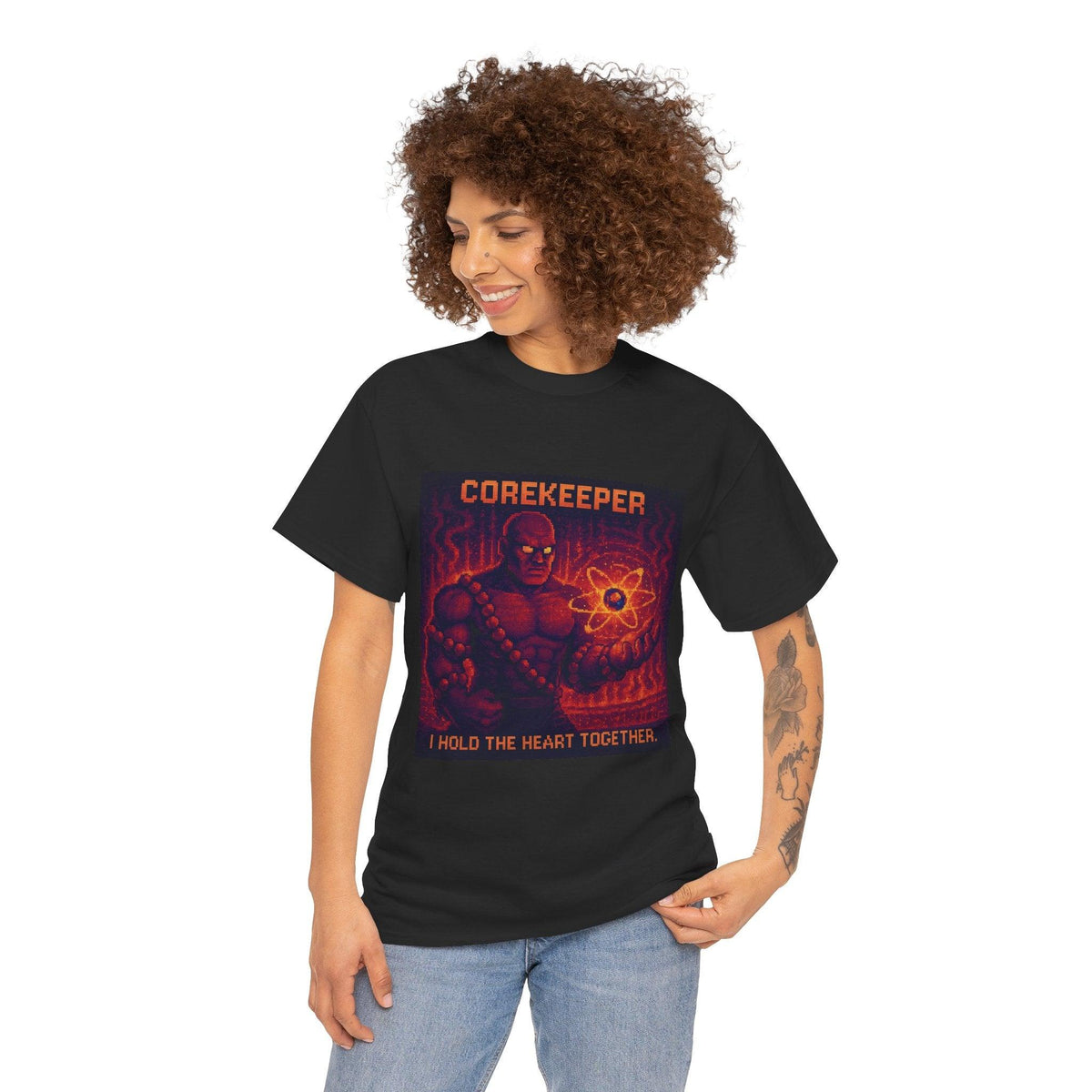 Black Corekeeper physics T-shirt, pixel-art strong nuclear force design, worn by a woman