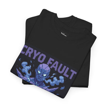 Black Cryo Fault physics T-shirt, pixel-art cryogenic brittle fracture design, folded