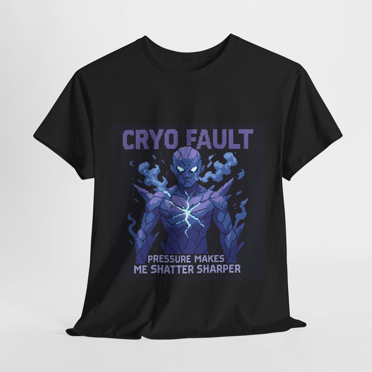 Black Cryo Fault physics T-shirt, pixel-art cryogenic brittle fracture design, front view