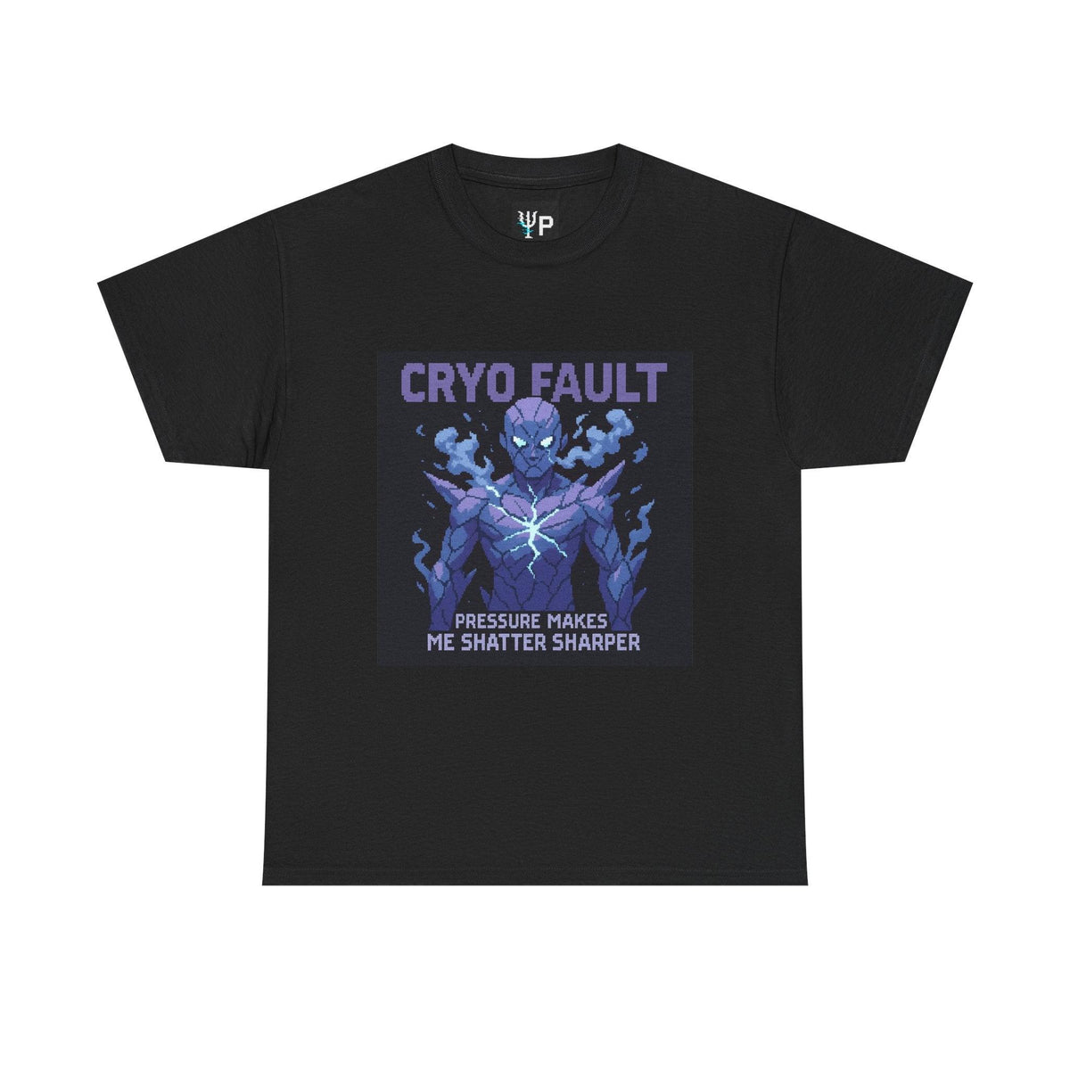 Black Cryo Fault physics T-shirt, pixel-art cryogenic brittle fracture design, front view