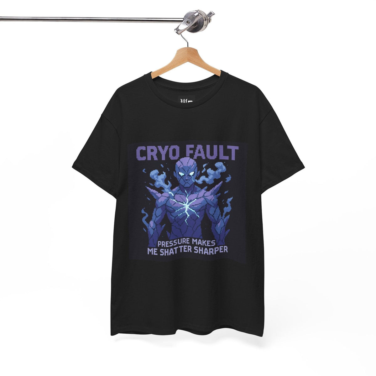 Black Cryo Fault physics T-shirt, pixel-art cryogenic brittle fracture design, on a hanger