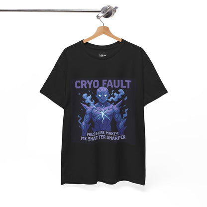 Black Cryo Fault physics T-shirt, pixel-art cryogenic brittle fracture design, on a hanger