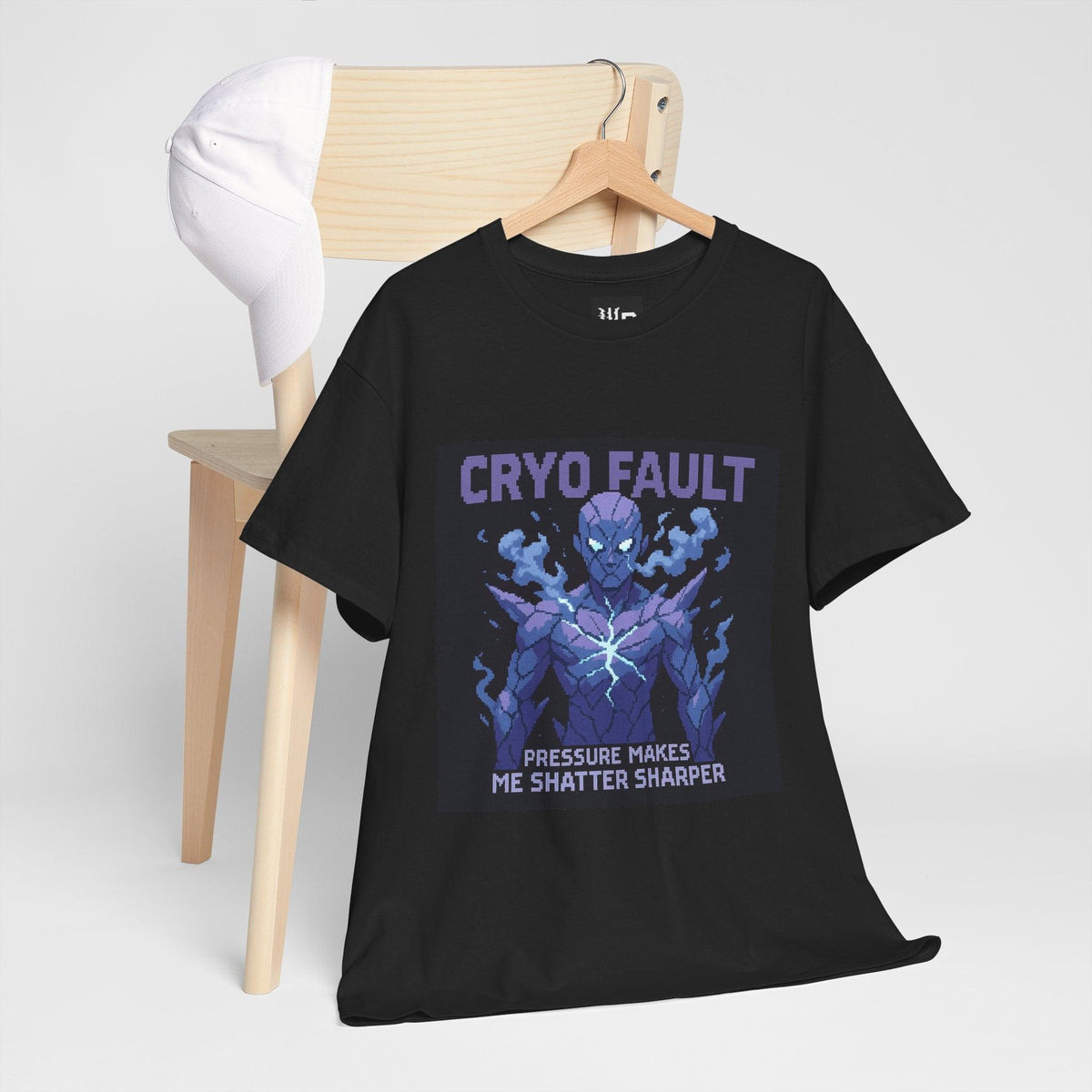 Black Cryo Fault physics T-shirt, pixel-art cryogenic brittle fracture design, hanging on a chair