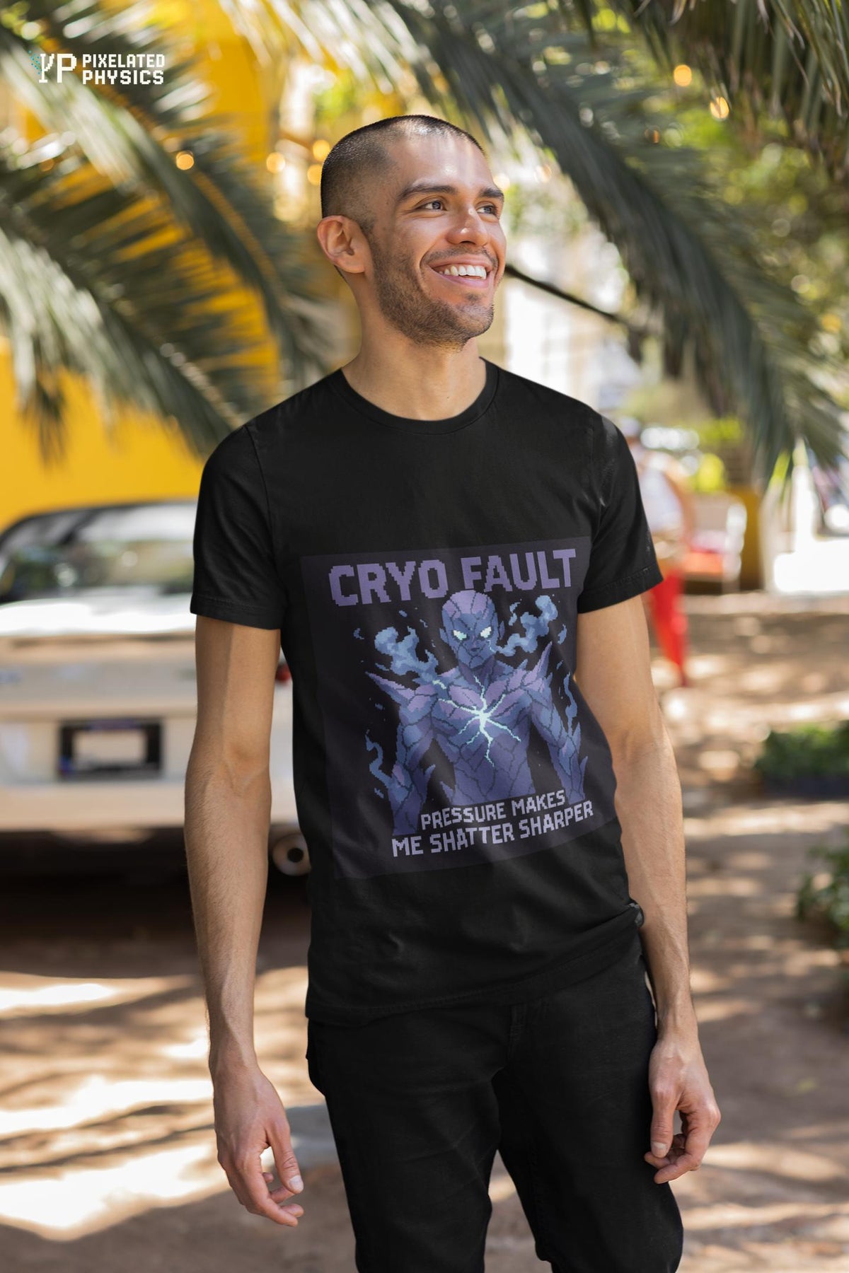 Black Cryo Fault physics T-shirt, pixel-art cryogenic brittle fracture design, worn by a man