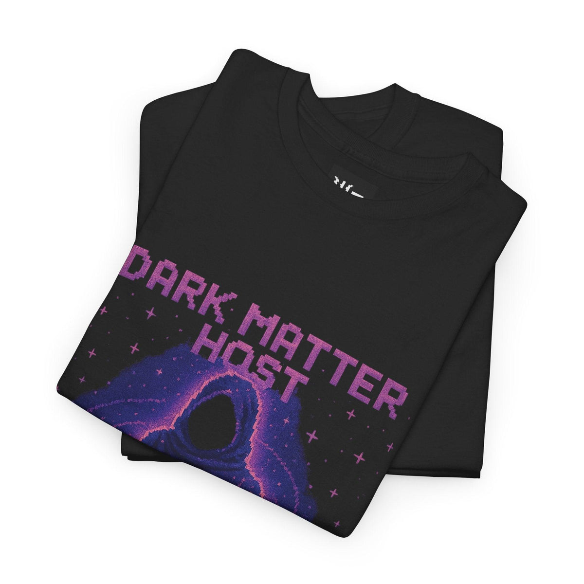 Black Dark Matter Host physics T-shirt, pixel-art dark matter design, folded