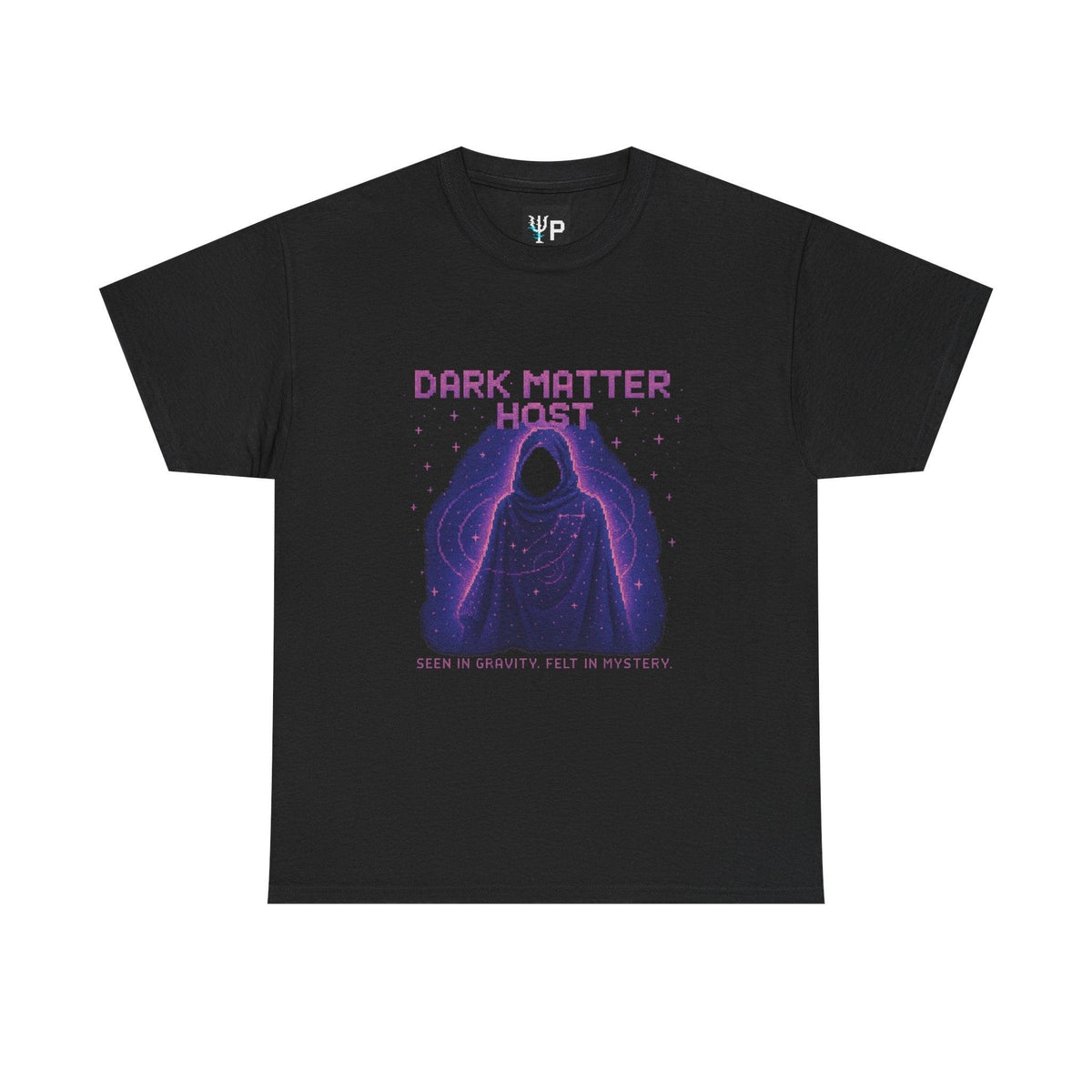 Black Dark Matter Host physics T-shirt, pixel-art dark matter design, front view